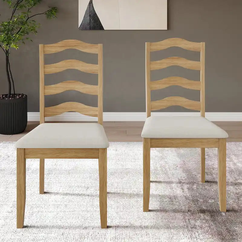 Wooden Dining Chair with Wavy Slat Back and Upholstered Seat