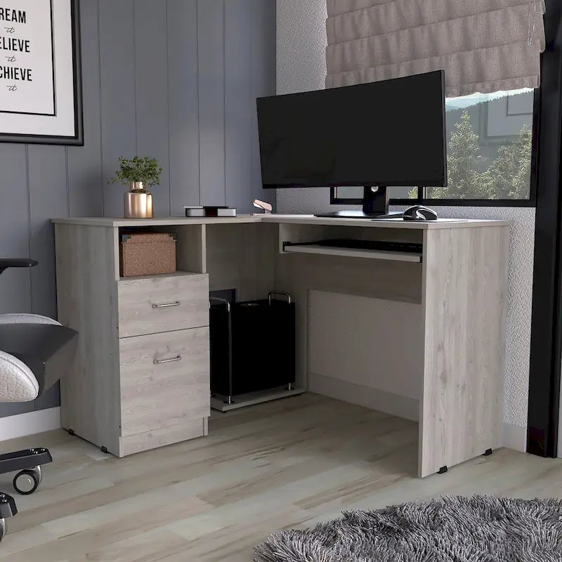 Modern L Shaped Corner Desk with Drawers and Keyboard Tray