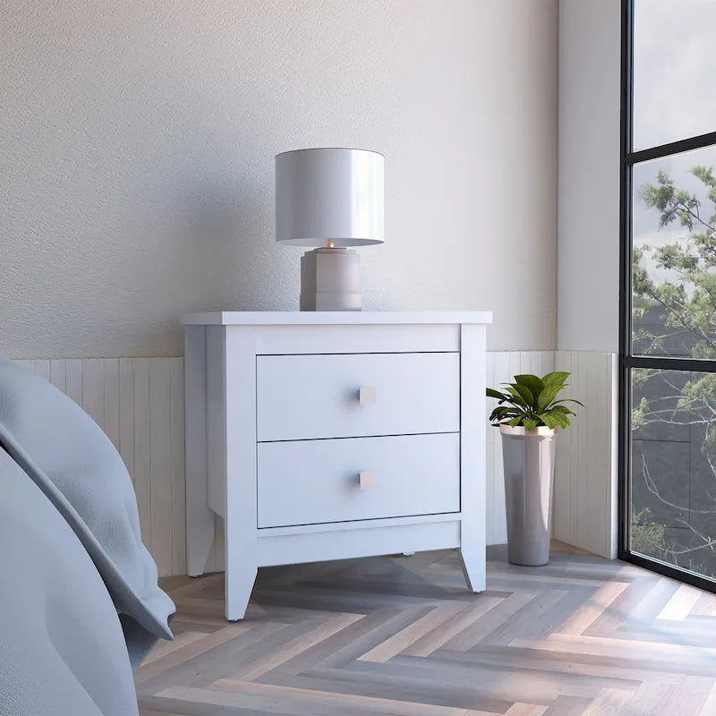 Modern Two Drawer Nightstand with Metal Knobs and Tapered Legs
