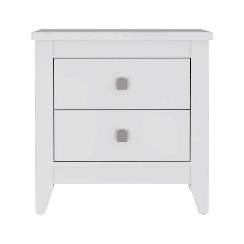 Modern Two Drawer Nightstand with Metal Knobs and Tapered Legs