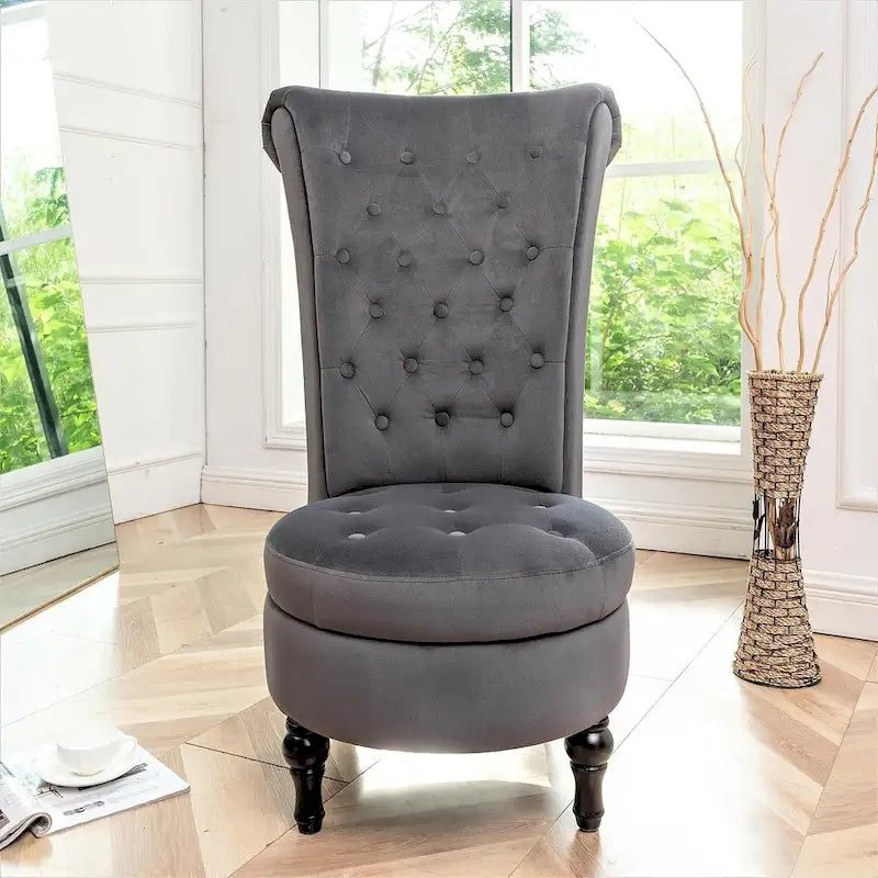 Velvet High Back Vanity Chair with Tufting and Hidden Storage