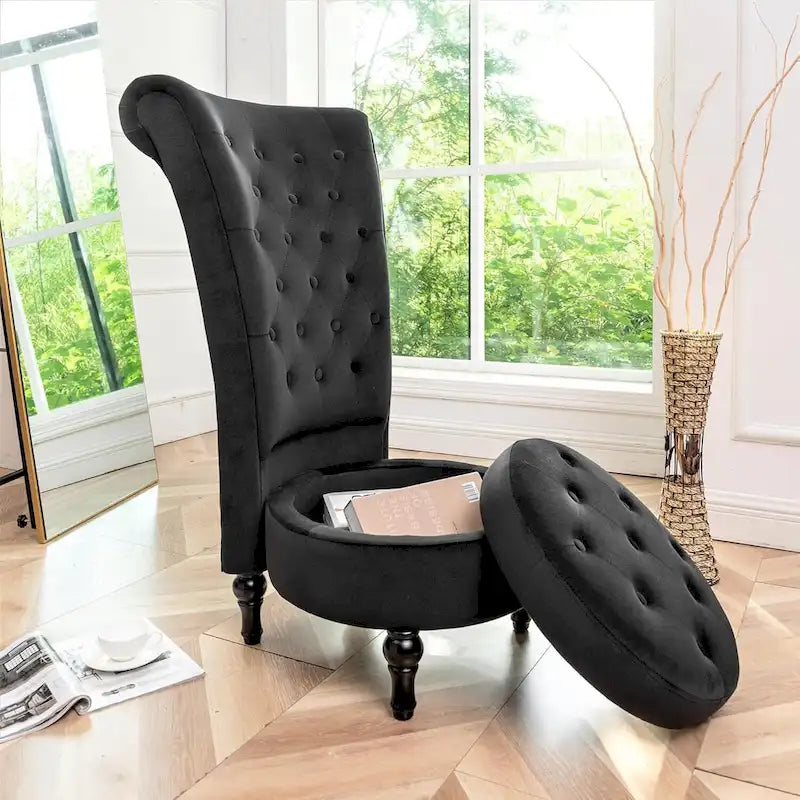 Velvet High Back Vanity Chair with Tufting and Hidden Storage