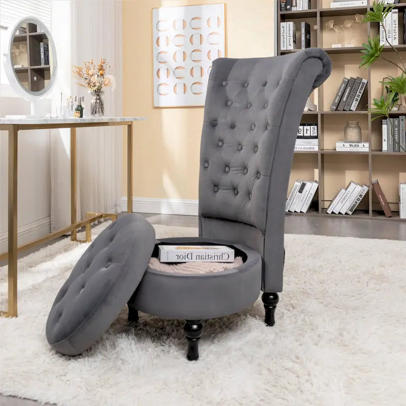 Velvet High Back Vanity Chair with Tufting and Hidden Storage
