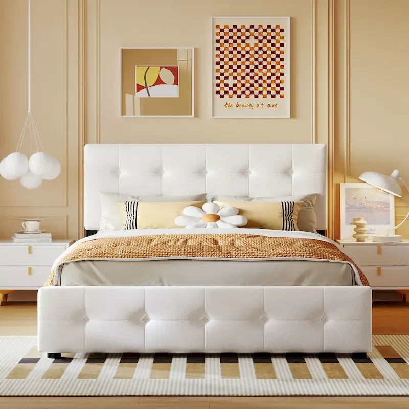 Linen Upholstered Platform Bed with Tufted Headboard and Four Drawers