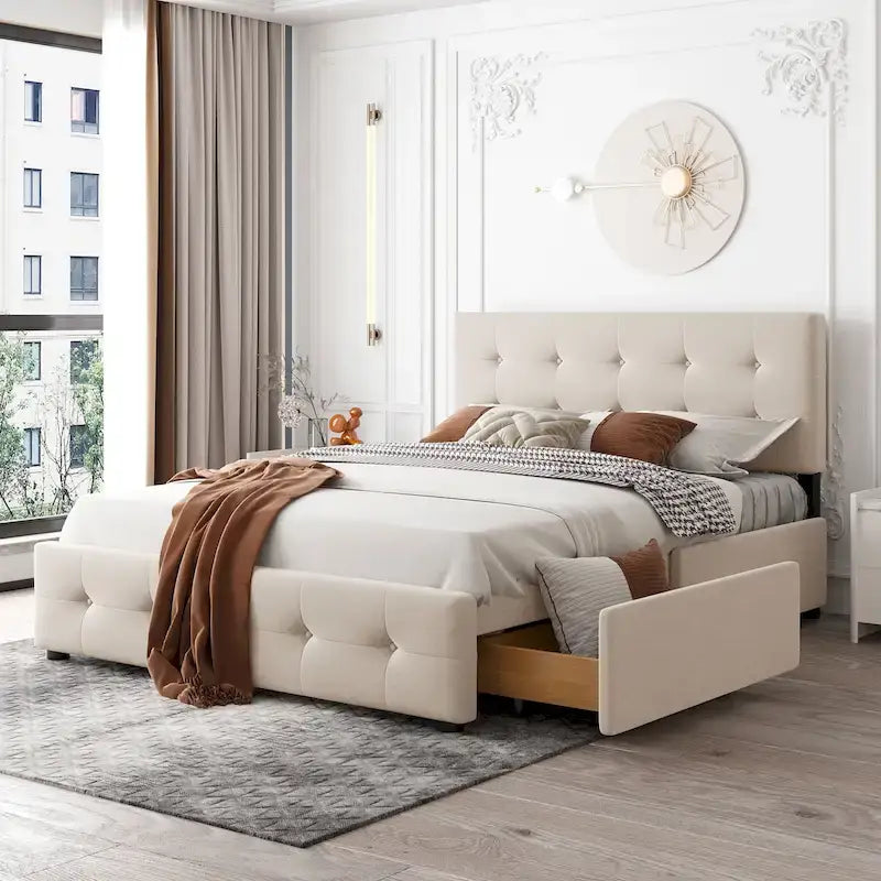 Linen Upholstered Platform Bed with Tufted Headboard and Four Drawers