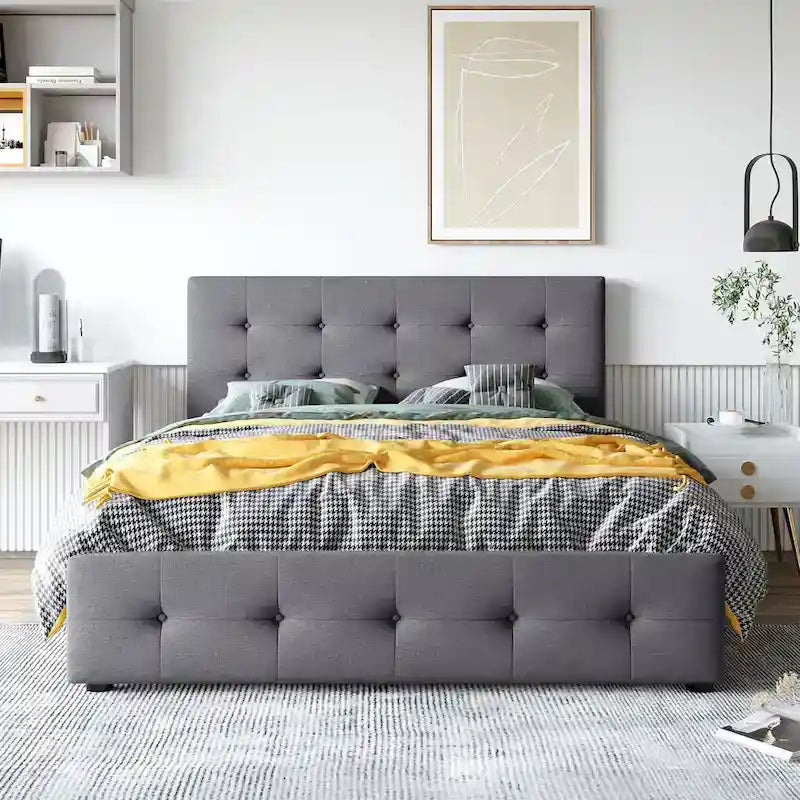 Linen Upholstered Platform Bed with Tufted Headboard and Four Drawers