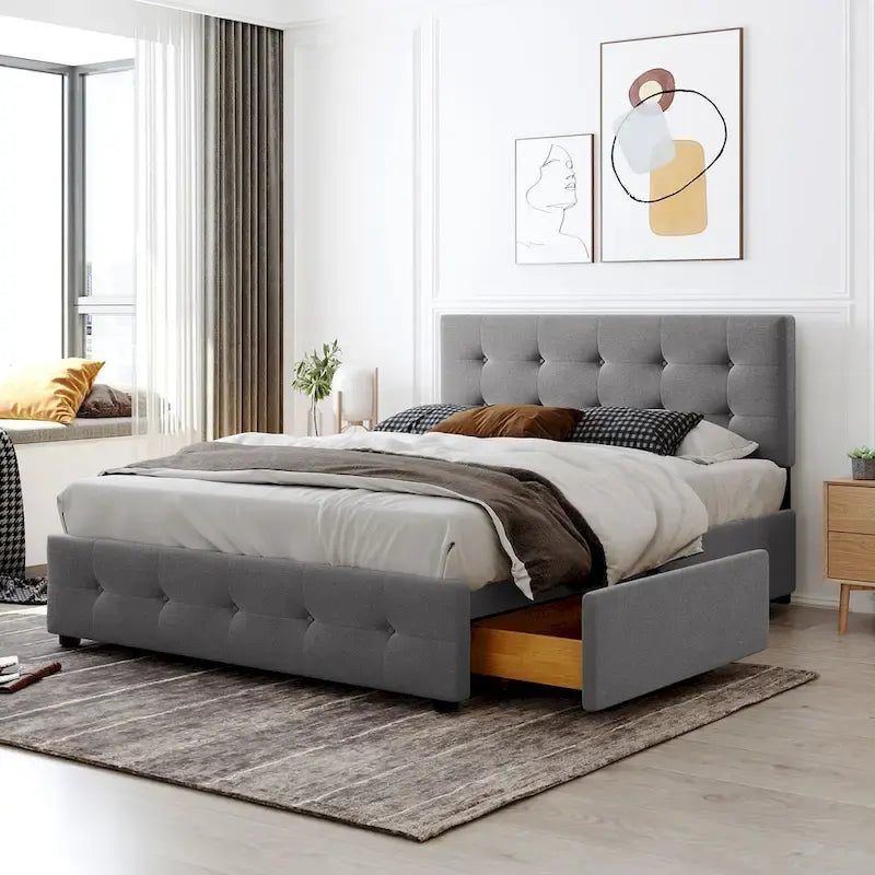 Linen Upholstered Platform Bed with Tufted Headboard and Four Drawers