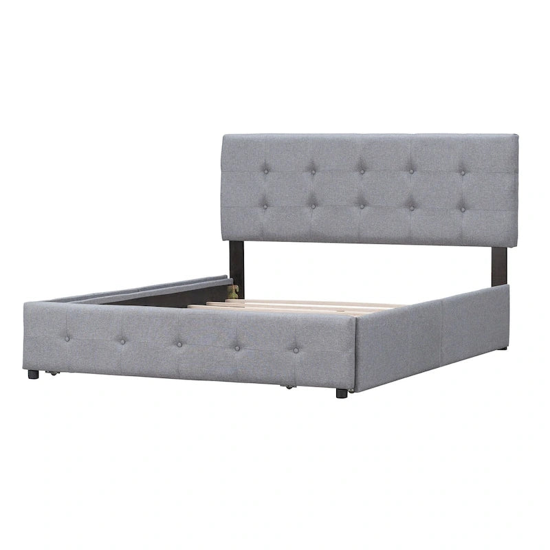 Gepolstertes Plattformbett im Leinen-Look mit getuftetem Kopfteil und vier Schubladen