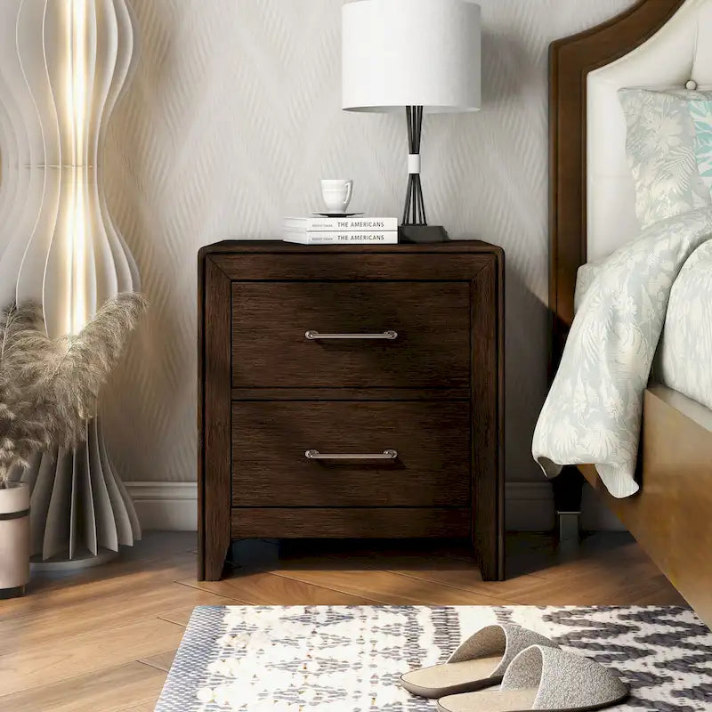 Walnut Two Drawer Nightstand with Silver Metal Pulls Tapered Legs