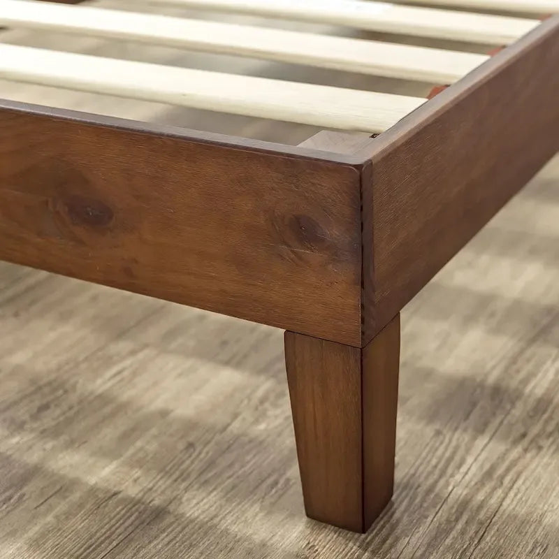 Antique Espresso Solid Pine Platform Bed Frame with Wooden Slats