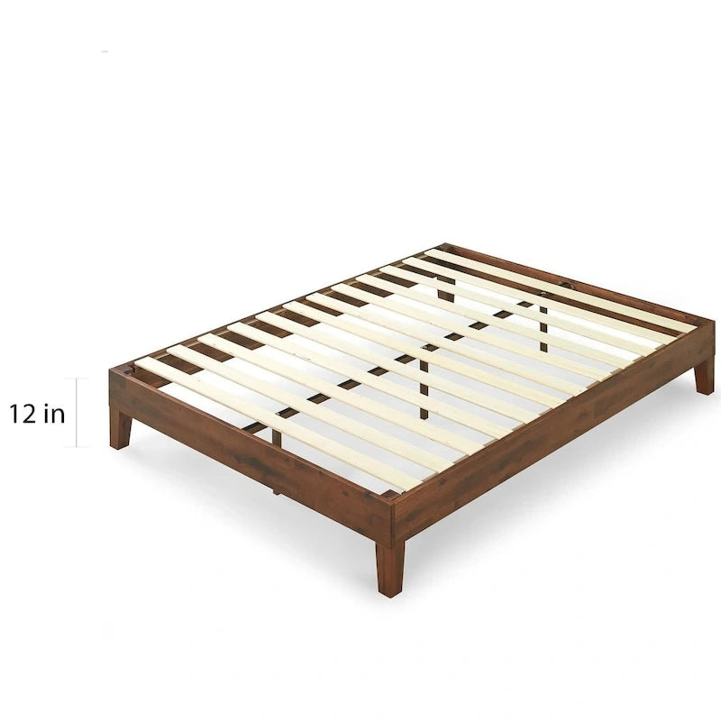 Antique Espresso Solid Pine Platform Bed Frame with Wooden Slats