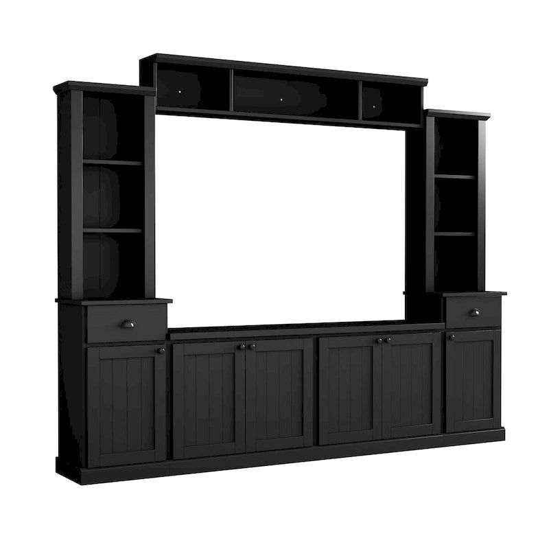 Moderner TV-Schrank mit Türen im Lattenstil und verdecktem Stauraum