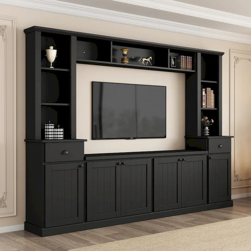 Moderner TV-Schrank mit Türen im Lattenstil und verdecktem Stauraum