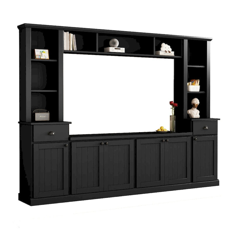 Moderner TV-Schrank mit Türen im Lattenstil und verdecktem Stauraum