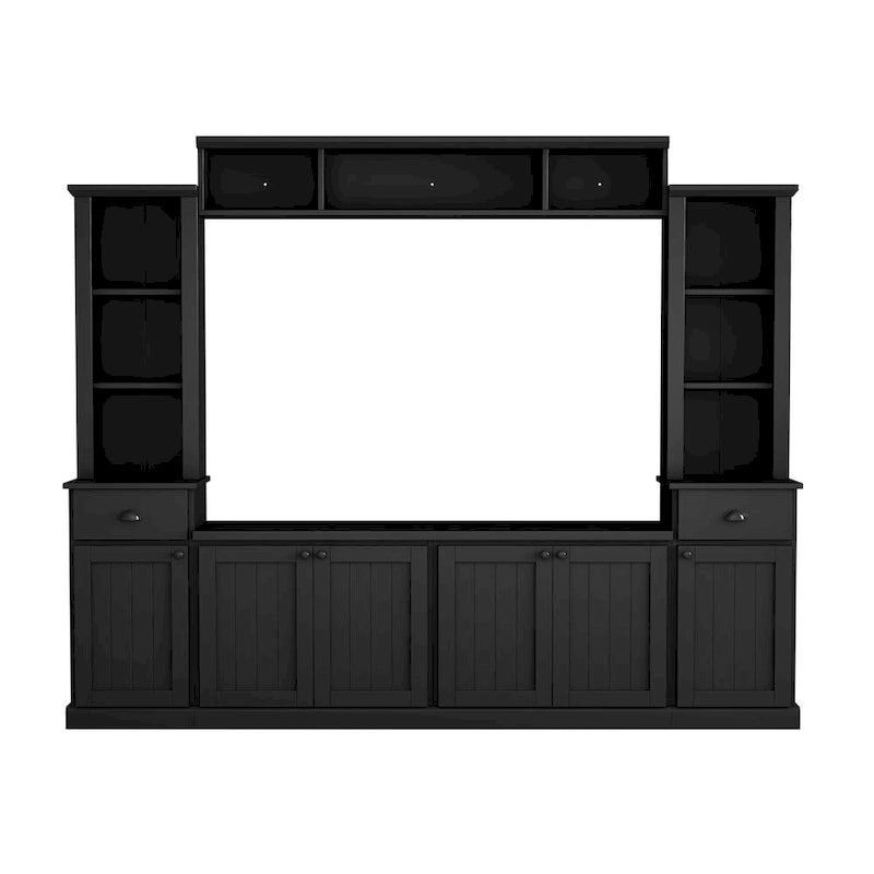 Moderner TV-Schrank mit Türen im Lattenstil und verdecktem Stauraum