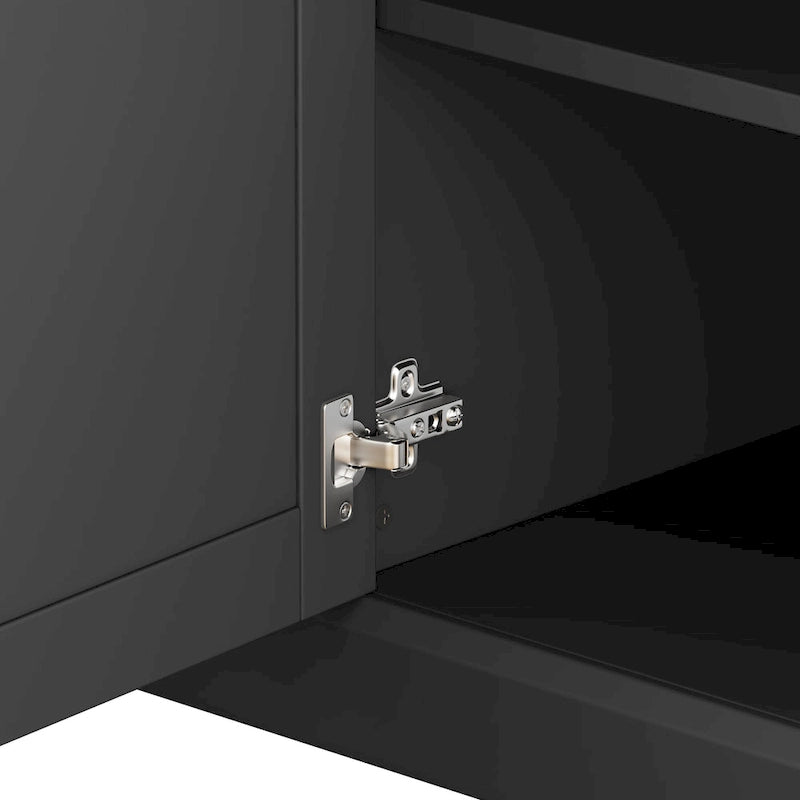 Moderner TV-Schrank mit Türen im Lattenstil und verdecktem Stauraum