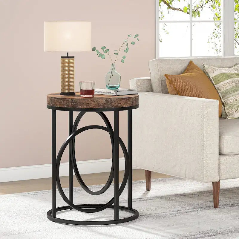 Round Accent Side Table with Geometric Metal Ring Pedestal Base