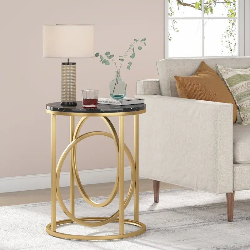 Round Accent Side Table with Geometric Metal Ring Pedestal Base