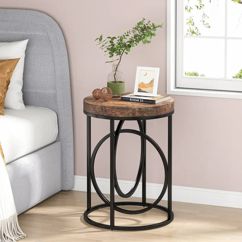 Round Accent Side Table with Geometric Metal Ring Pedestal Base