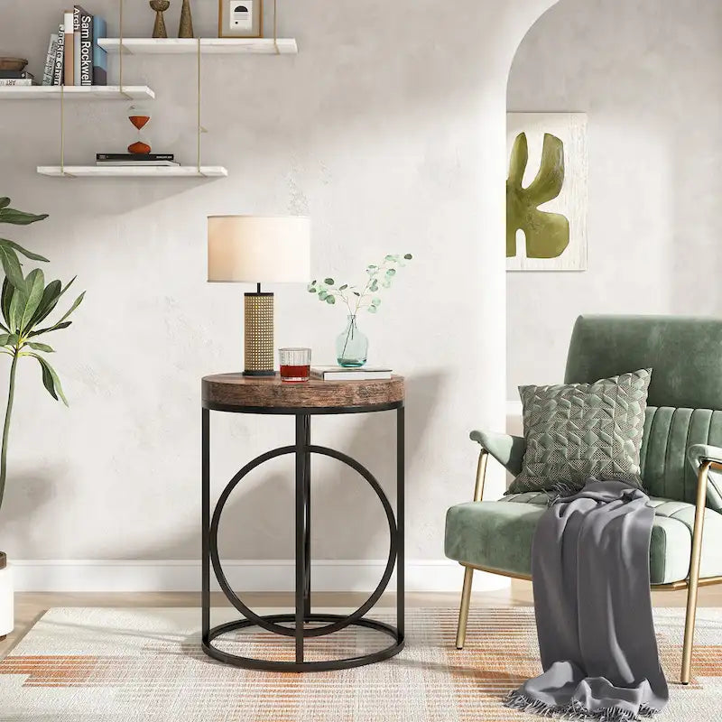 Round Accent Side Table with Geometric Metal Ring Pedestal Base