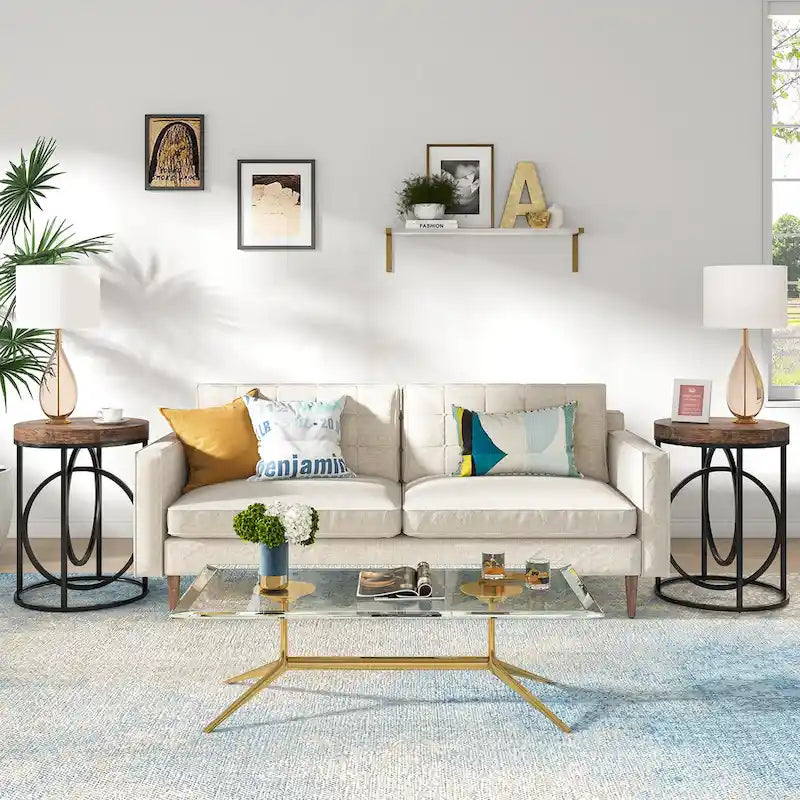 Round Accent Side Table with Geometric Metal Ring Pedestal Base