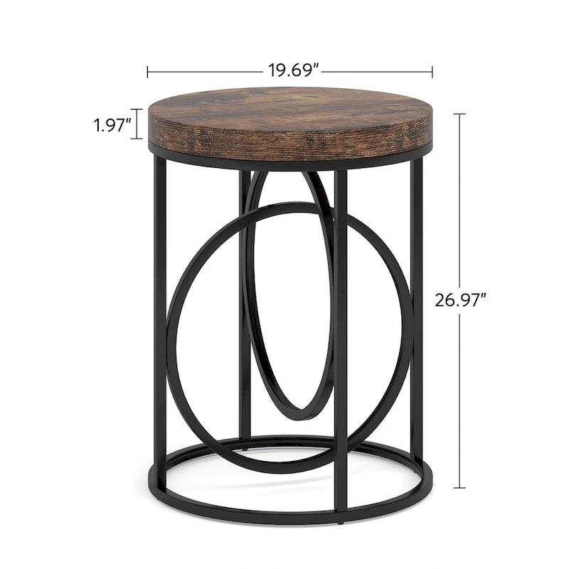 Round Accent Side Table with Geometric Metal Ring Pedestal Base