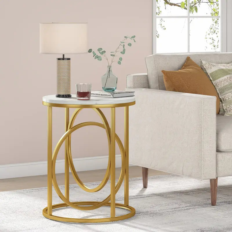 Round Accent Side Table with Geometric Metal Ring Pedestal Base