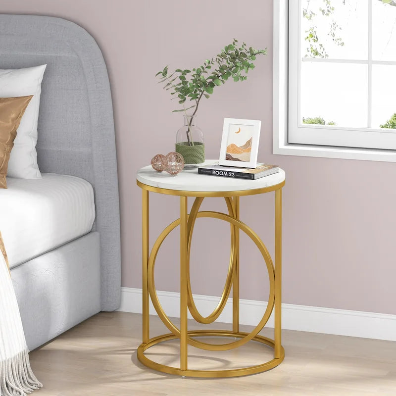 Round Accent Side Table with Geometric Metal Ring Pedestal Base