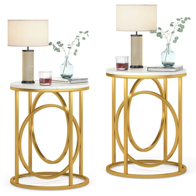 Round Accent Side Table with Geometric Metal Ring Pedestal Base