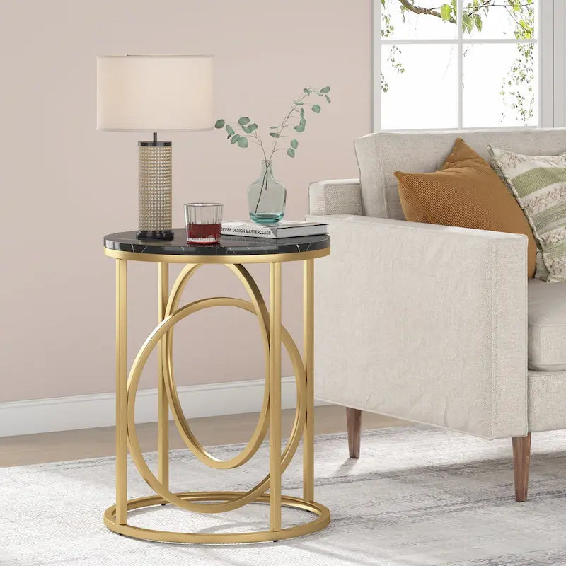 Round Accent Side Table with Geometric Metal Ring Pedestal Base