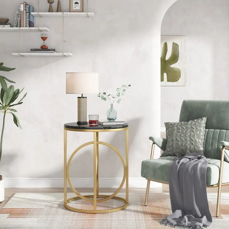 Round Accent Side Table with Geometric Metal Ring Pedestal Base