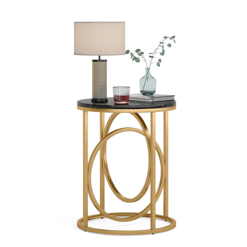 Round Accent Side Table with Geometric Metal Ring Pedestal Base
