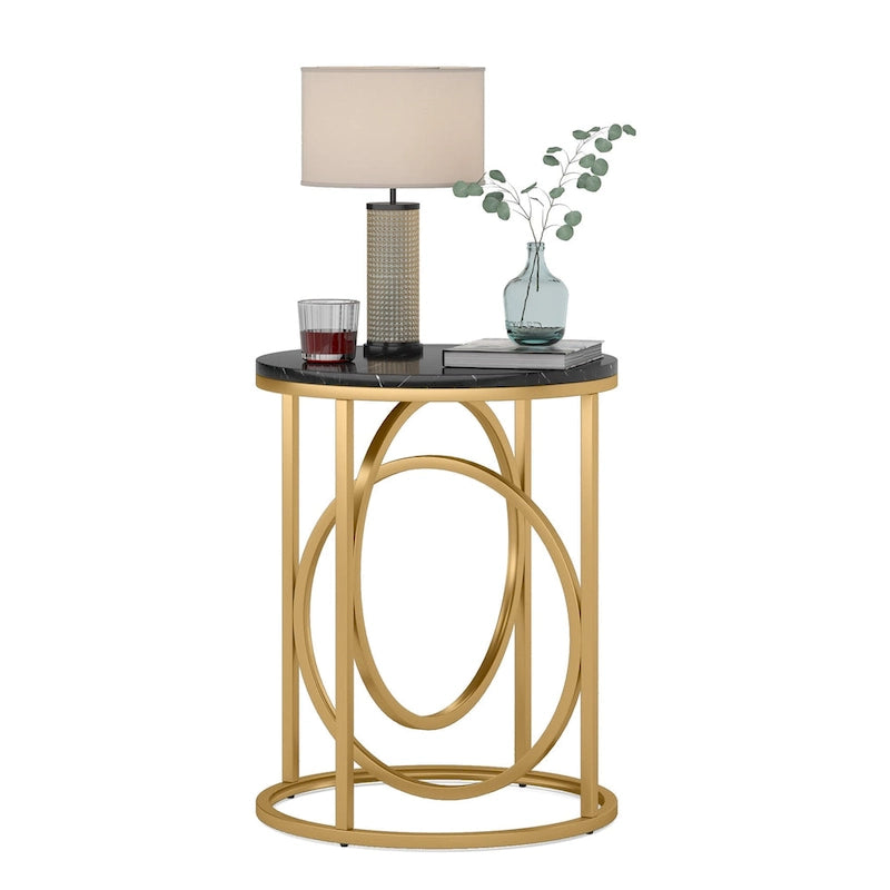 Round Accent Side Table with Geometric Metal Ring Pedestal Base
