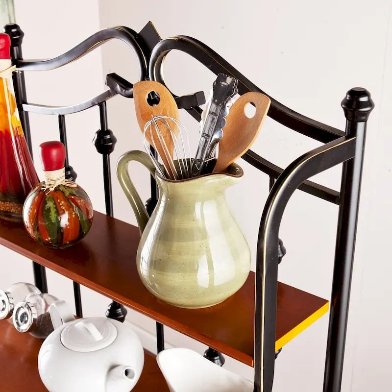 Black Metal Bakers Rack with Oak Finish Shelves Storage Baskets
