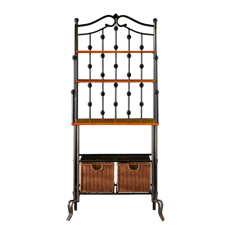 Black Metal Bakers Rack with Oak Finish Shelves Storage Baskets