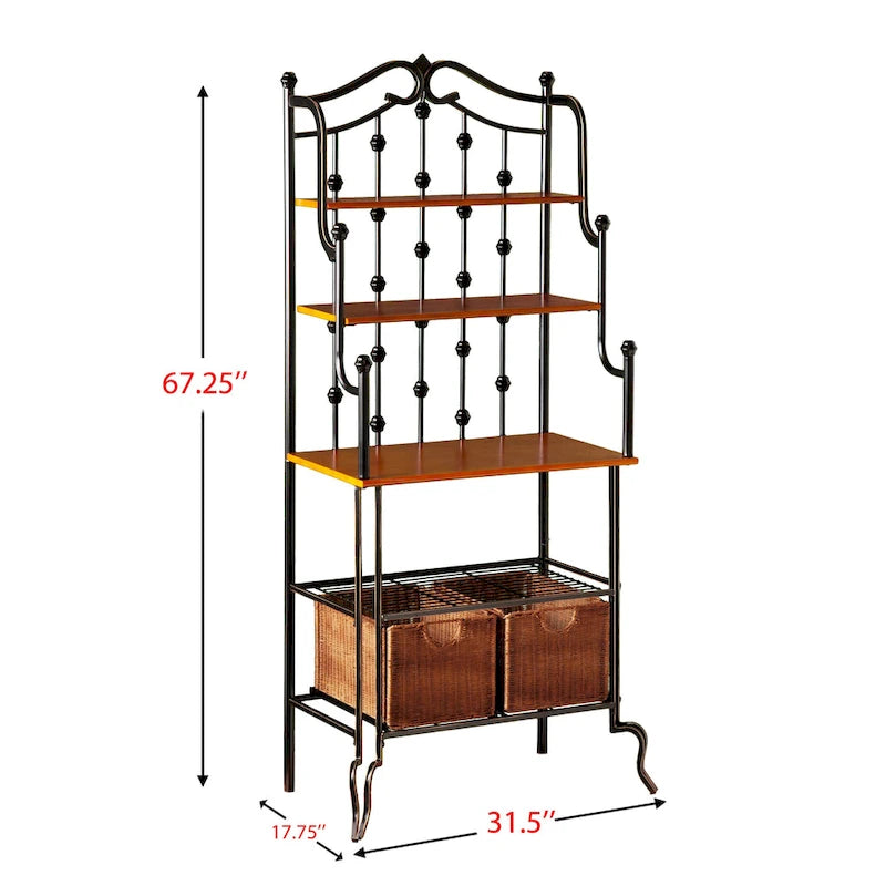 Scaffale portapane in metallo nero con ripiani effetto rovere e cestini portaoggetti
