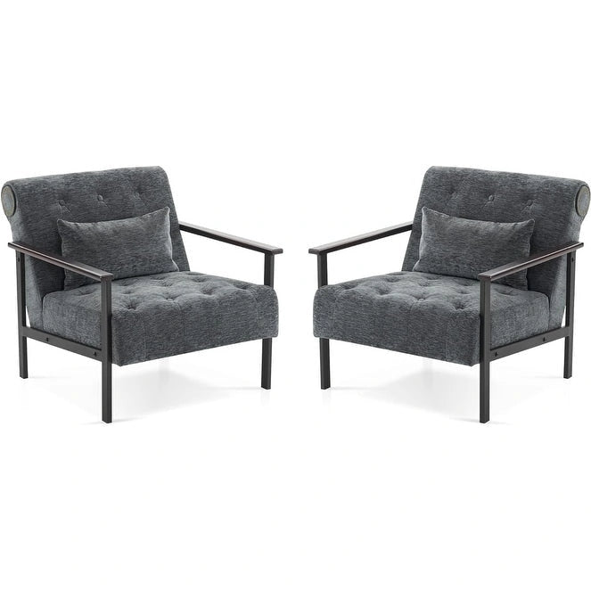 Modern Chenille Accent Chair with Button Details and Steel Legs
