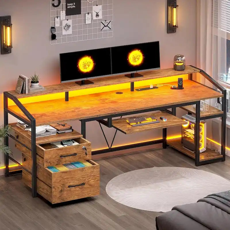 LED Computer Desk with Lockable Drawer Keyboard Tray Power Outlets