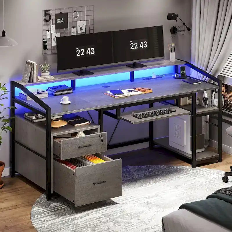 LED Computer Desk with Lockable Drawer Keyboard Tray Power Outlets