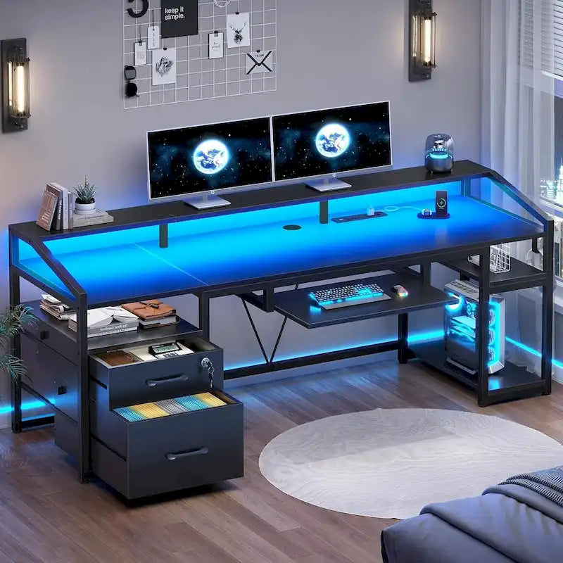 LED Computer Desk with Lockable Drawer Keyboard Tray Power Outlets
