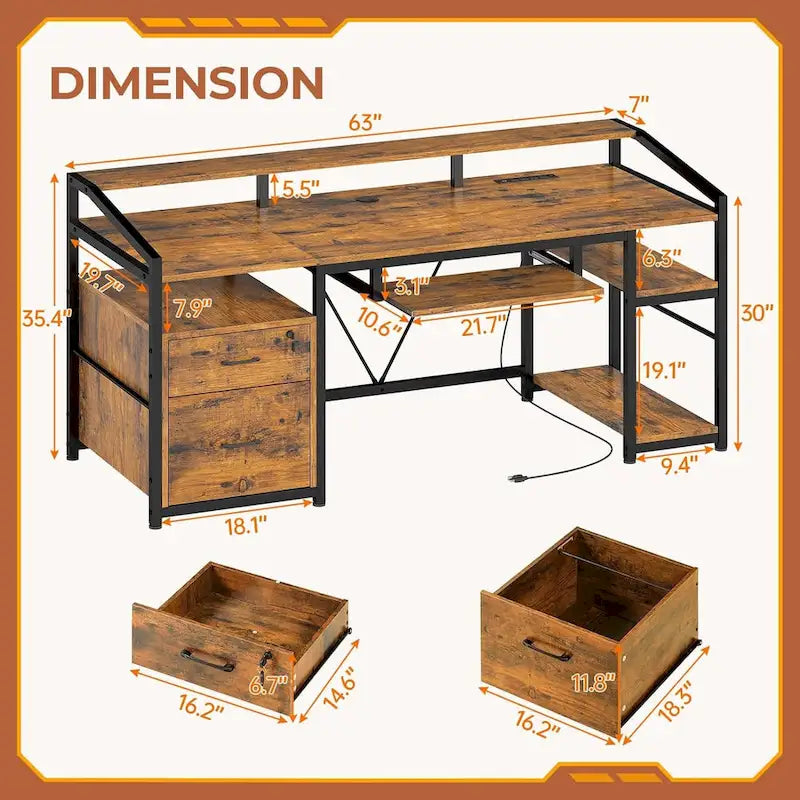 LED Computer Desk with Lockable Drawer Keyboard Tray Power Outlets