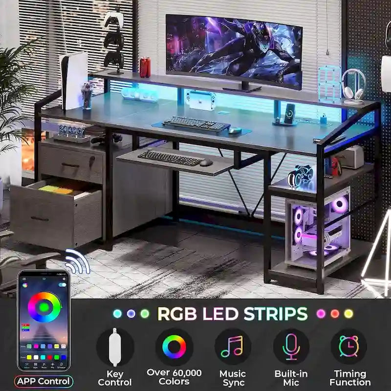Computerschreibtisch mit LED-Beleuchtung, abschließbarer Schublade, Tastaturauszug und Steckdosen