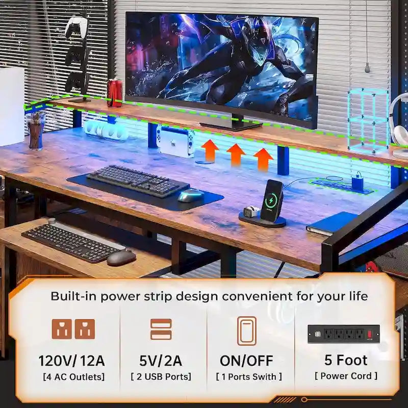 Computerschreibtisch mit LED-Beleuchtung, abschließbarer Schublade, Tastaturauszug und Steckdosen