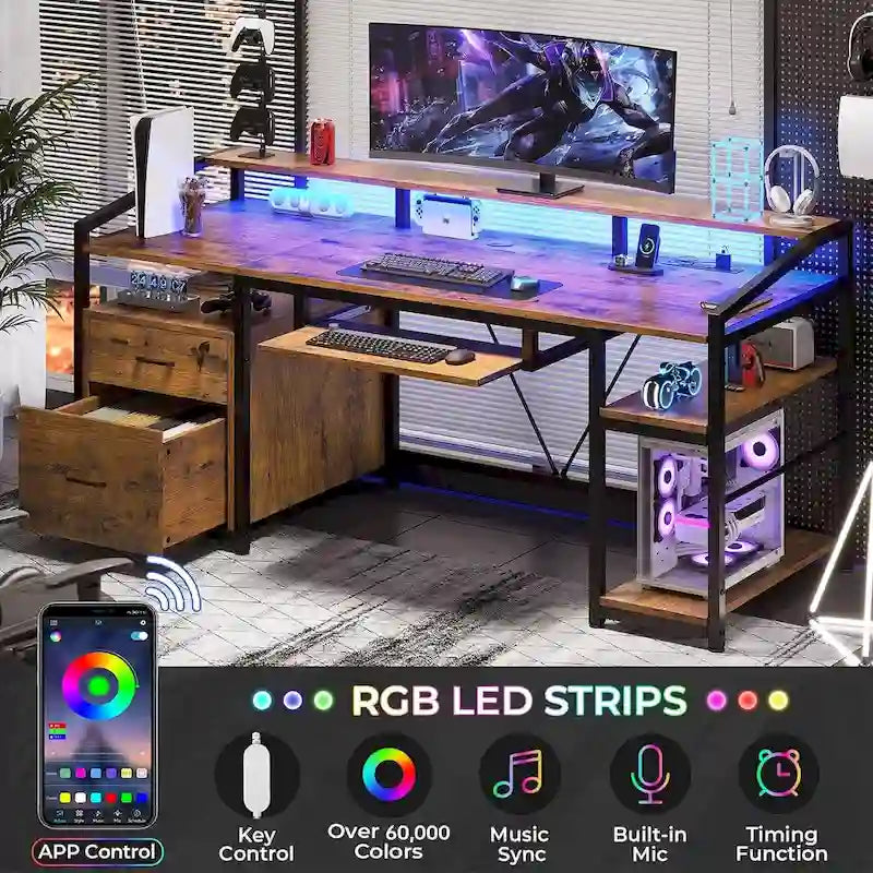 Computerschreibtisch mit LED-Beleuchtung, abschließbarer Schublade, Tastaturauszug und Steckdosen