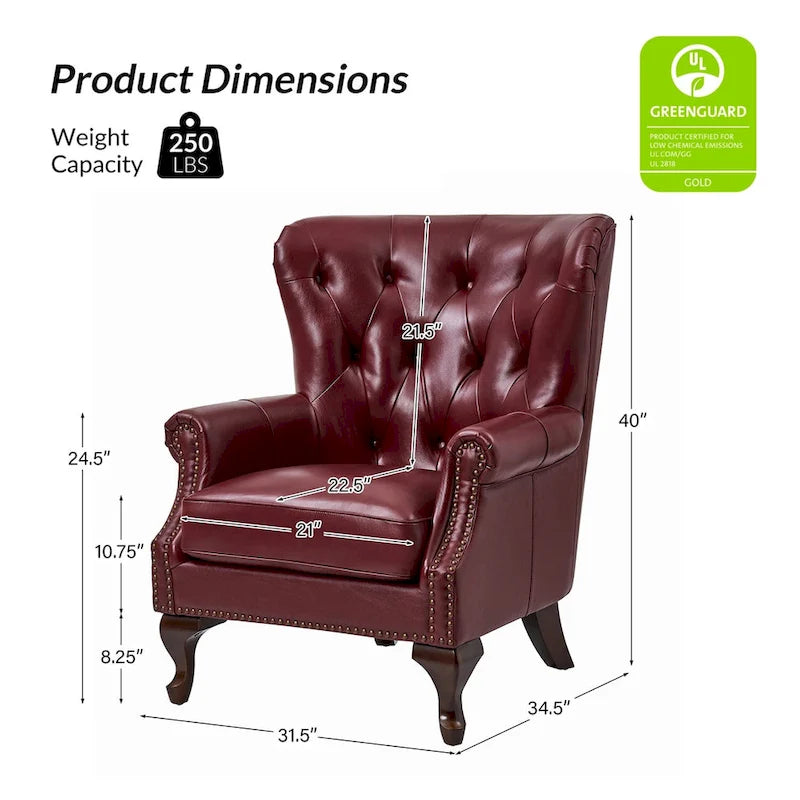 Poltrona trapuntata con schienale alto e borchie decorative, cuscino di seduta rimovibile