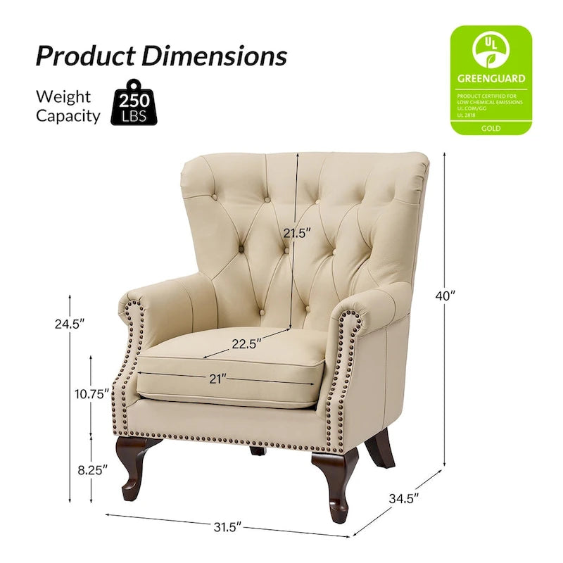 Poltrona trapuntata con schienale alto e borchie decorative, cuscino di seduta rimovibile