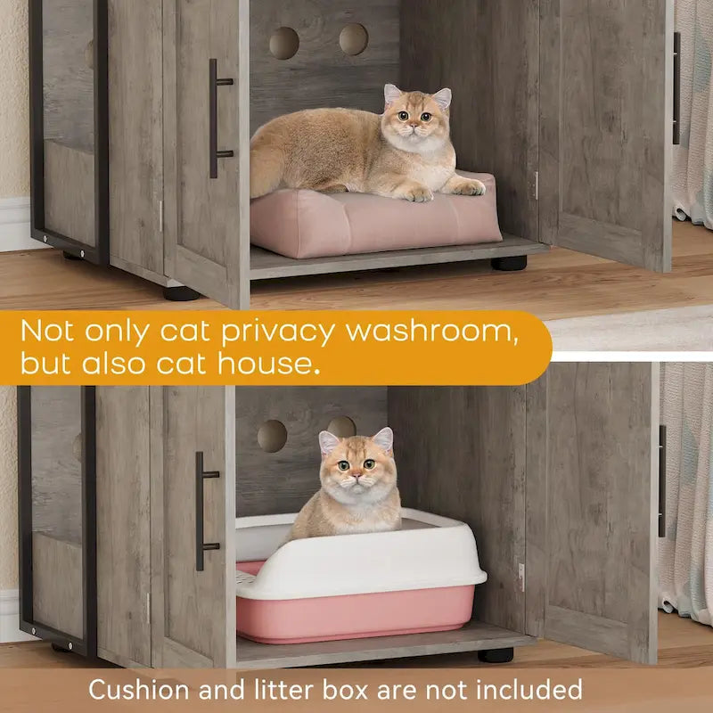 Mobile rustico per lettiera del gatto con tre ripiani contenitori aperti