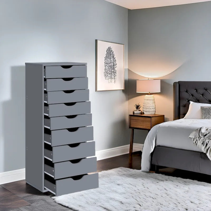 Narrow Wooden Storage Cabinet with Nine Drawers and Recessed Pulls