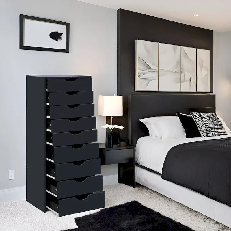 Narrow Wooden 9-Drawer Cabinet with Smooth-Glide Drawers and Top Storage Shelf