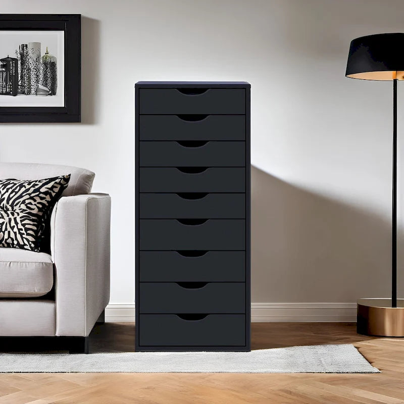 Narrow Wooden Storage Cabinet with Nine Drawers and Recessed Pulls